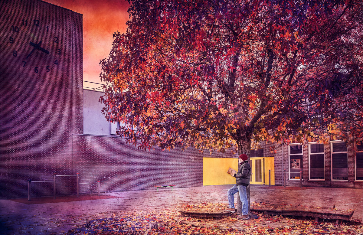 A not so young anymore boy stands beneath a vividly colored autumn tree in an urban schoolyard, holding a book with wonder as if lost in a dream—evoking the timeless magic of Peter Pan and the fleeting beauty of childhood. Young boys should never be sent to bed…they always wake up a day older!