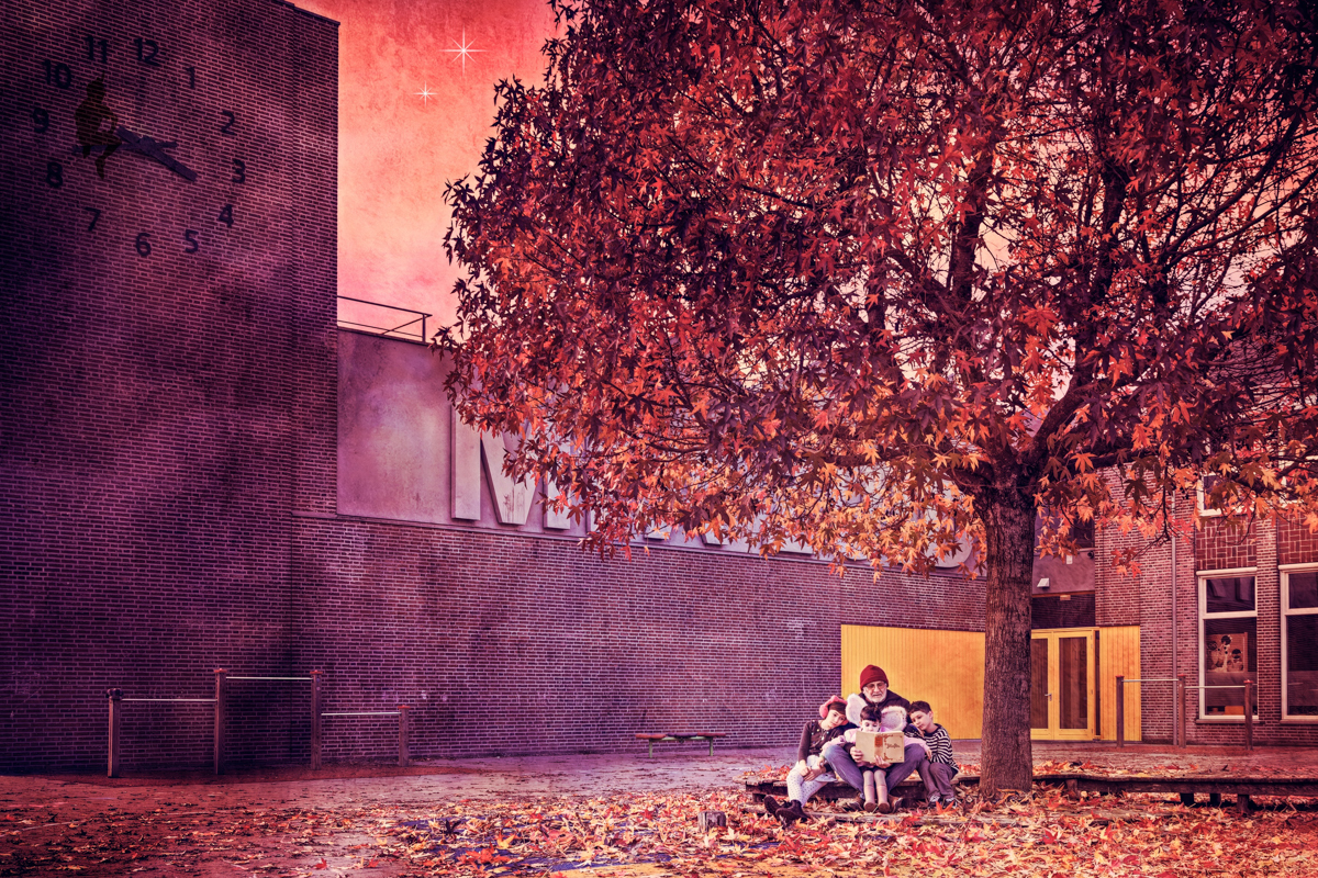 Grandpa is reading a book to his grandchildren beneath a vividly colored autumn tree in an urban schoolyard. On the unstoppable clock on the bricked wall Peter pan's shade follows the story before coming back to Neverland, wherever it is...Second star to the right and straight on ‘til morning…