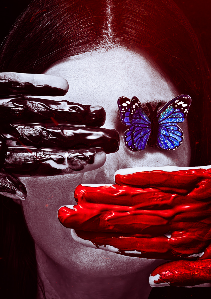 A close-up portrait of a person with hands covered in black and red paint covering their eyes and mouth, while a vivid blue butterfly rests above one eye.