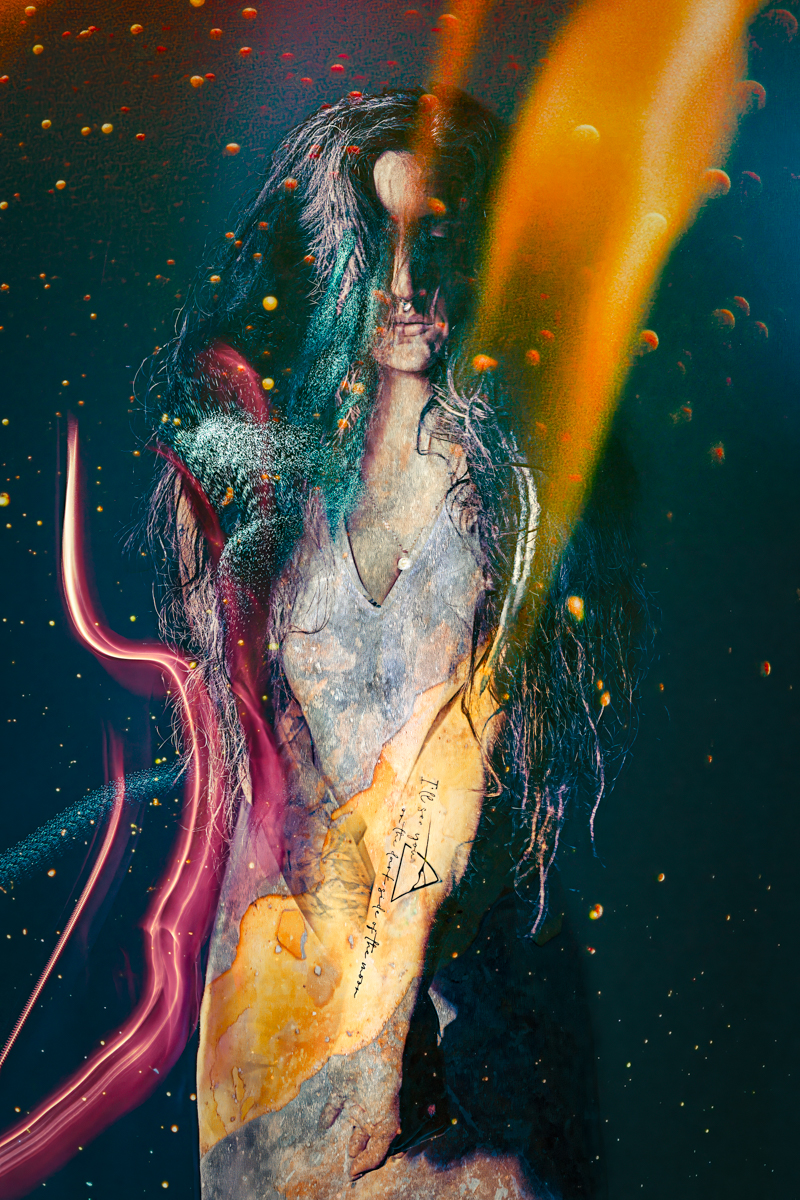 Surreal digital artwork of a mysterious woman with long hair, ethereal light streaks, and abstract textures overlaying her figure, evoking a dreamlike, cosmic atmosphere.
