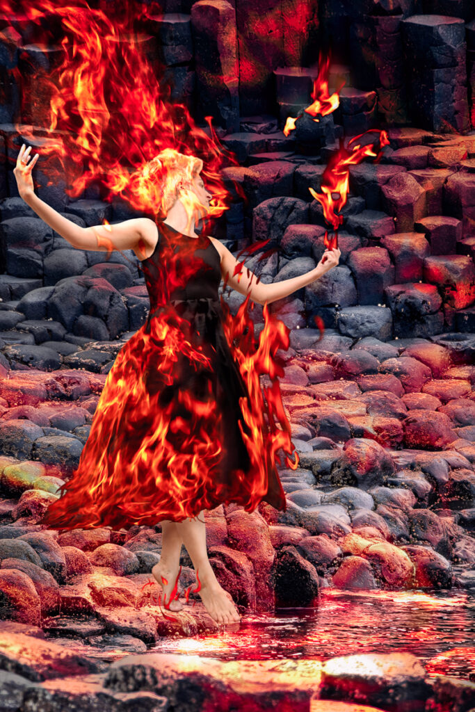 A woman surrounded by flames, with a determined expression, symbolizing strength and passion.