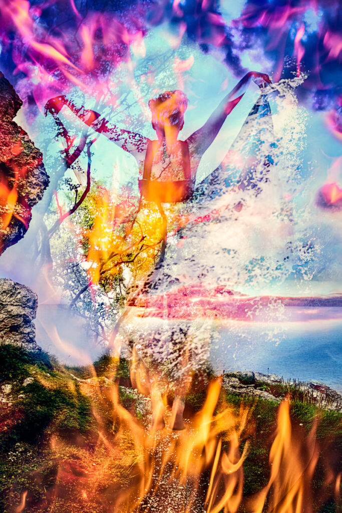 A woman, blending elements from the previous photos, with flowing energy and a sense of interconnectedness.