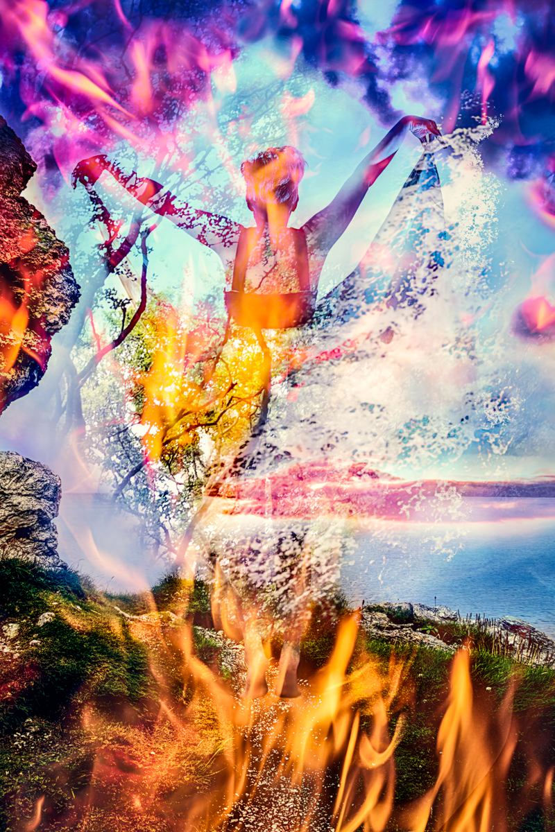 A woman, blending elements from the previous photos, with flowing energy and a sense of interconnectedness.