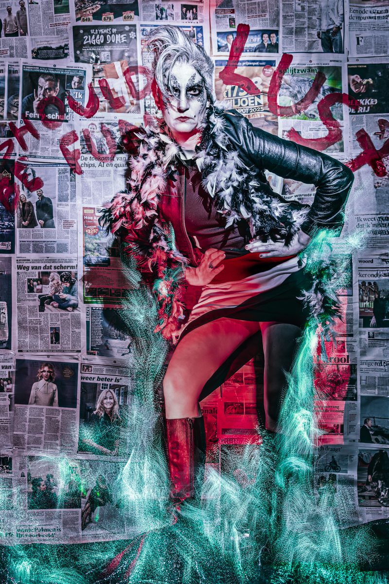 A dramatic, stylized portrait of a woman in a red and black outfit, partially obscured by a shower of blue-green water droplets, set against a chaotic background of newspaper clippings.